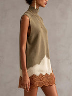 Taupe Sleeveless Knit Mini Dress With Contrast Lace Hem