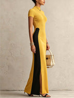 Mustard And Black Color Block Ribbed Knit Bodycon Maxi Dress