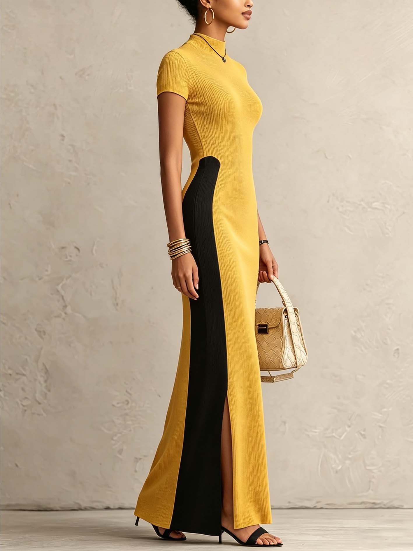 Mustard And Black Color Block Ribbed Knit Bodycon Maxi Dress