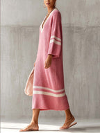 Pink V-Neck Stripe Trim Knit Maxi Dress