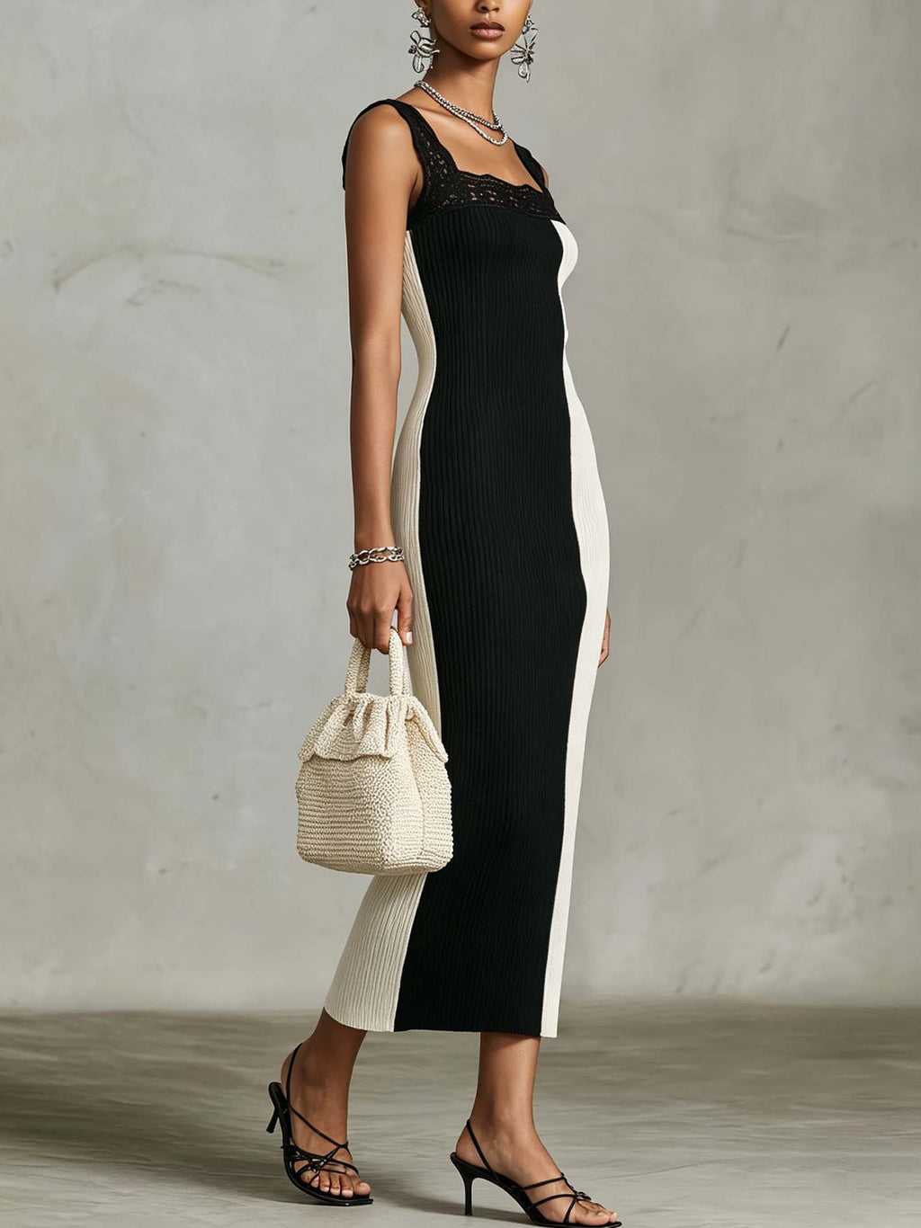 Black And White Color Block Ribbed Knit Bodycon Midi Dress