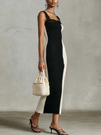 Black And White Color Block Ribbed Knit Bodycon Midi Dress