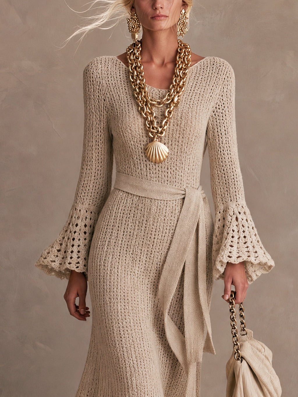 Beige Knit Long Sleeve Mermaid Maxi Dress With Belt