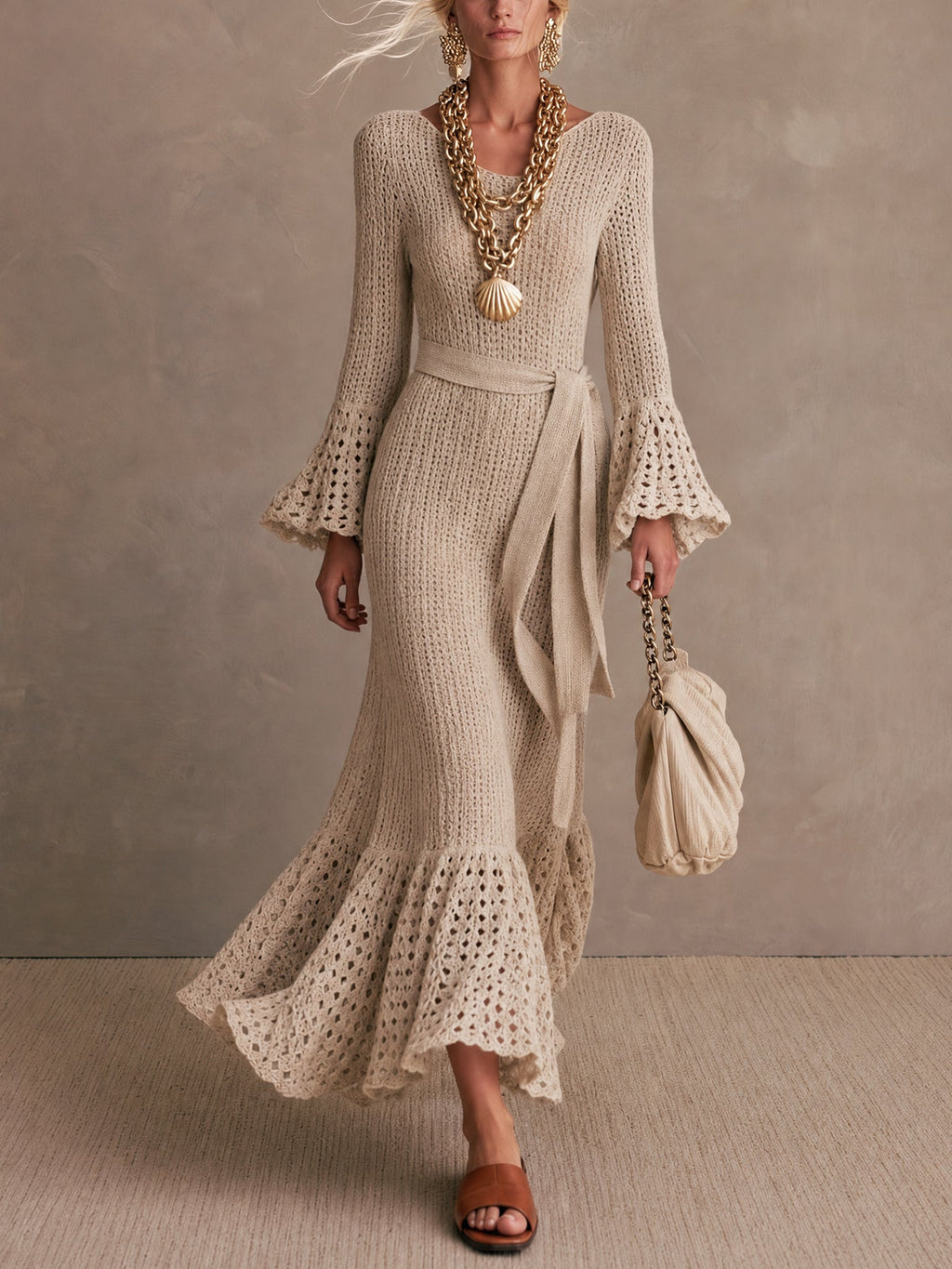 Beige Knit Long Sleeve Mermaid Maxi Dress With Belt