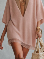 Pink Loose Deep V-Neck Knit Mini Dress