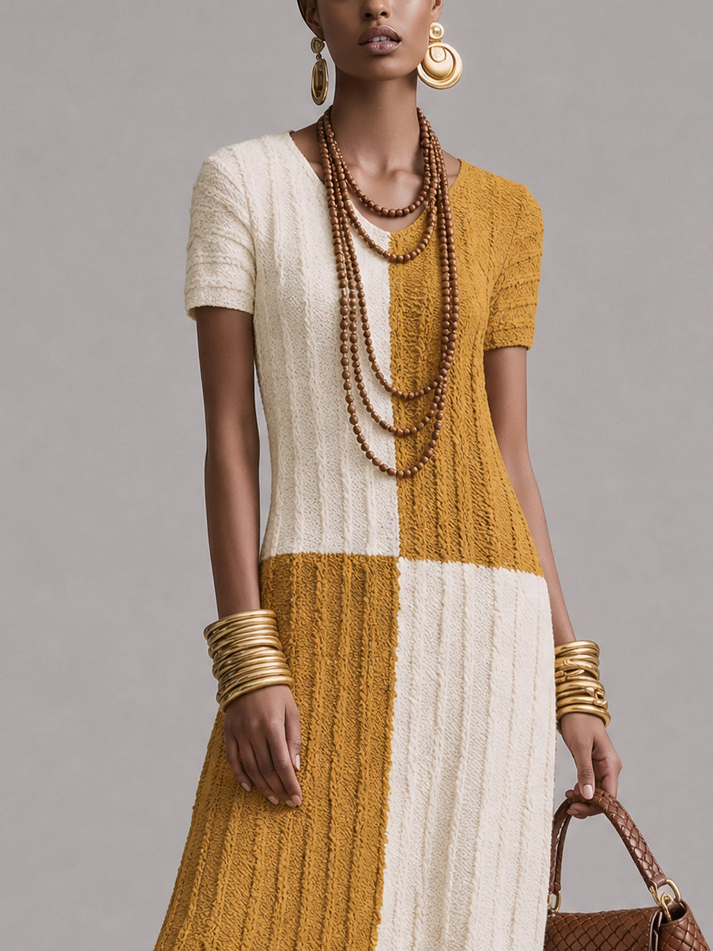 Yellow Color Block Short Sleeve Knit Maxi Dress