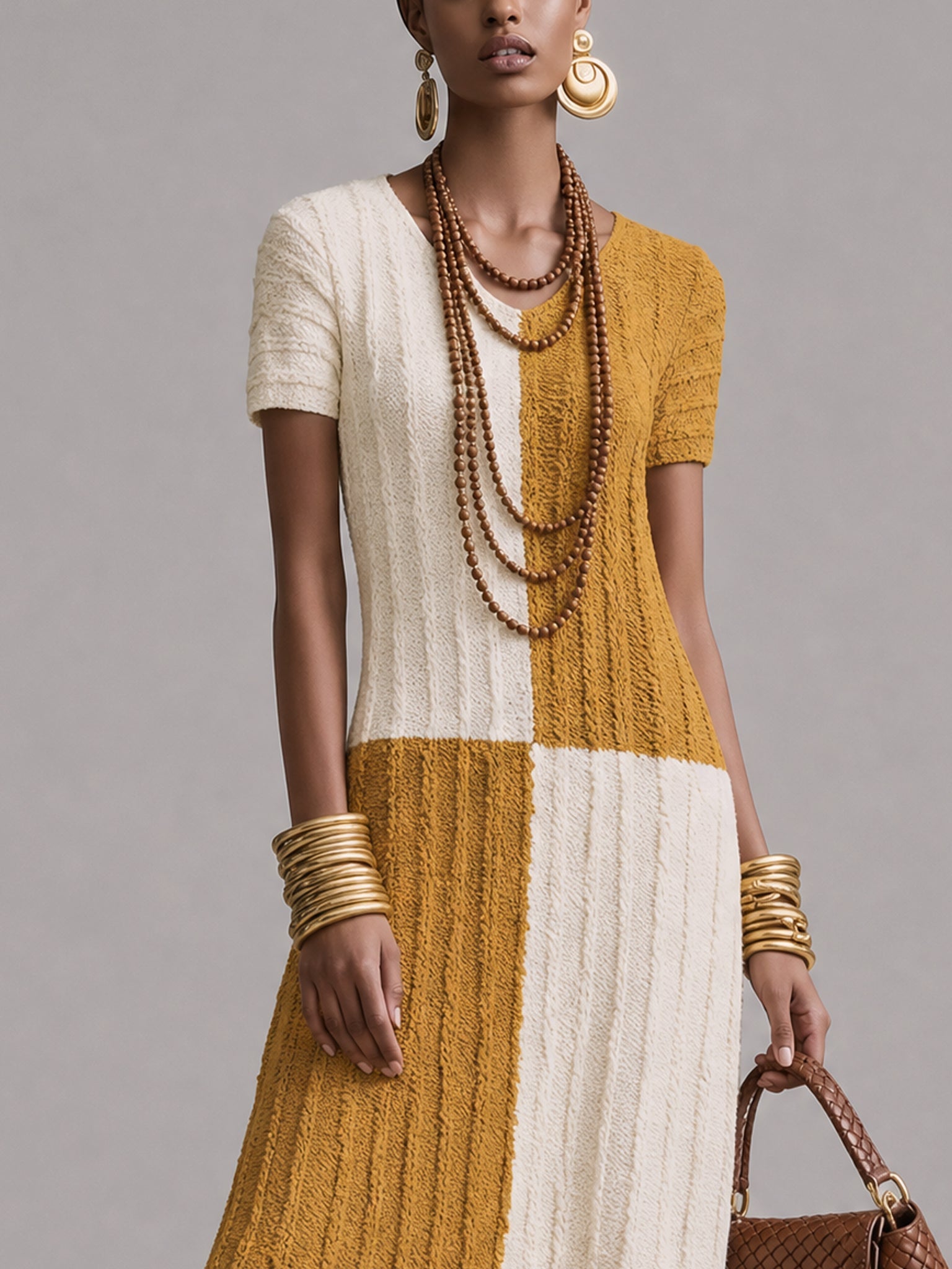 Yellow Color Block Short Sleeve Knit Maxi Dress
