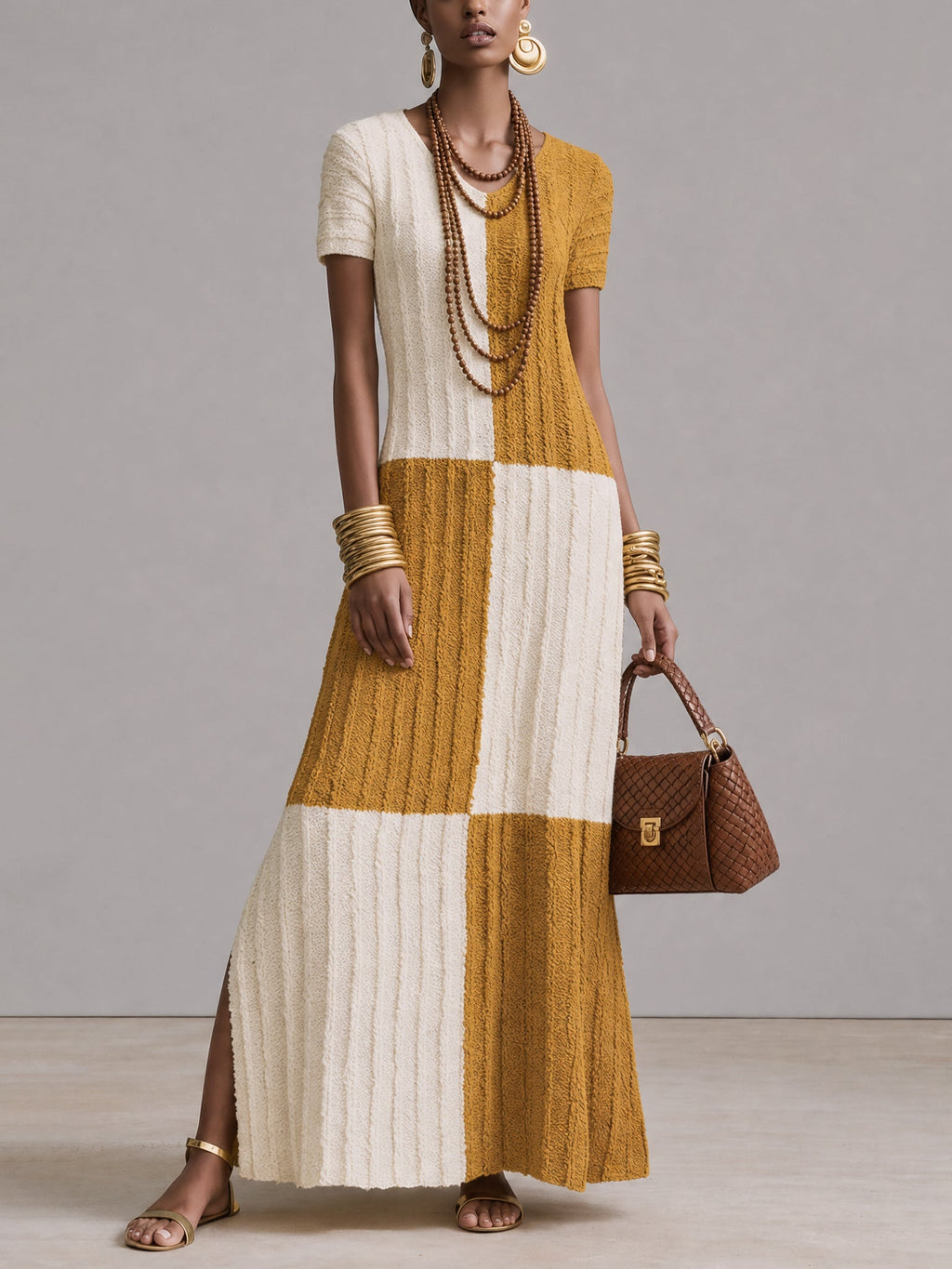 Yellow Color Block Short Sleeve Knit Maxi Dress