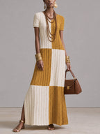 Yellow Color Block Short Sleeve Knit Maxi Dress