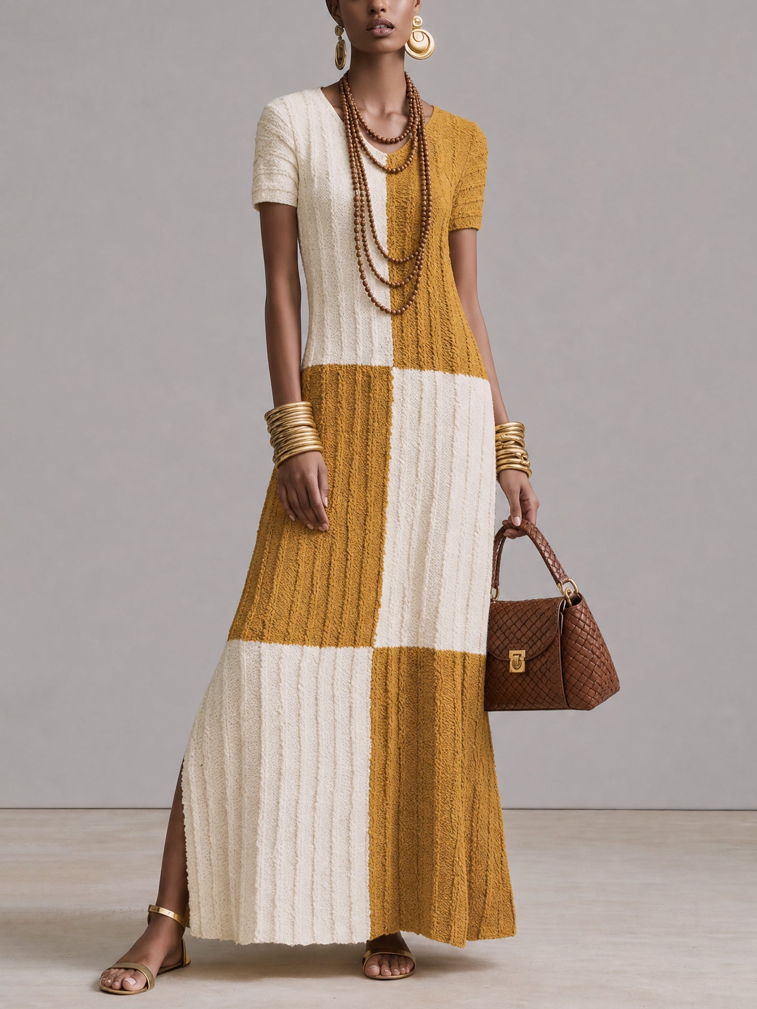 Yellow Color Block Short Sleeve Knit Maxi Dress