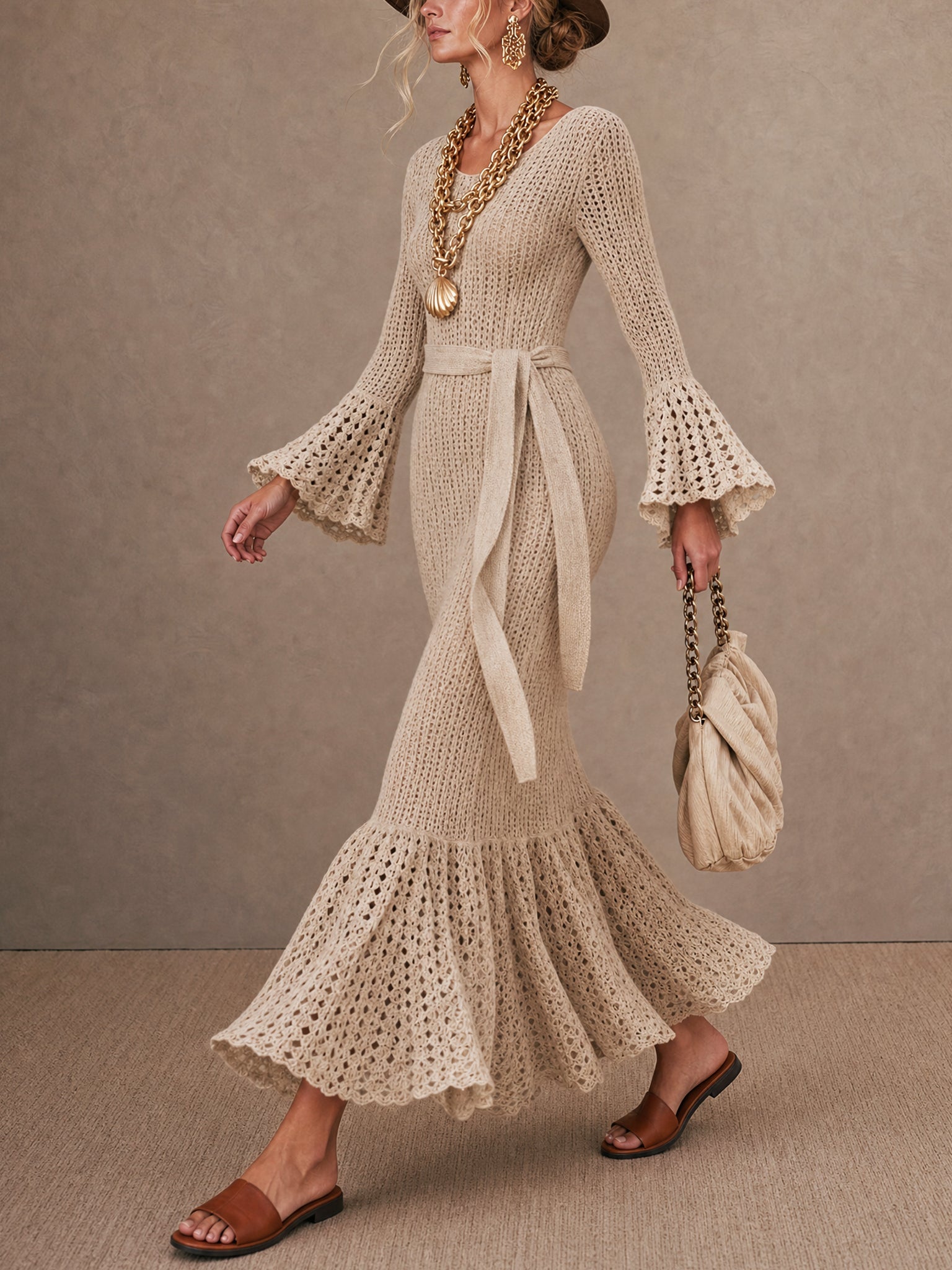 Beige Knit Long Sleeve Mermaid Maxi Dress With Belt