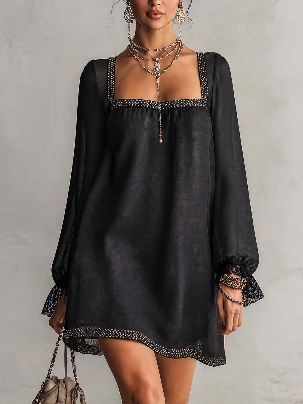 Black Rhinestone Trim Linen Blend Mini Dress With Square Neck