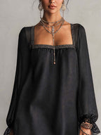 Black Rhinestone Trim Linen Blend Mini Dress With Square Neck