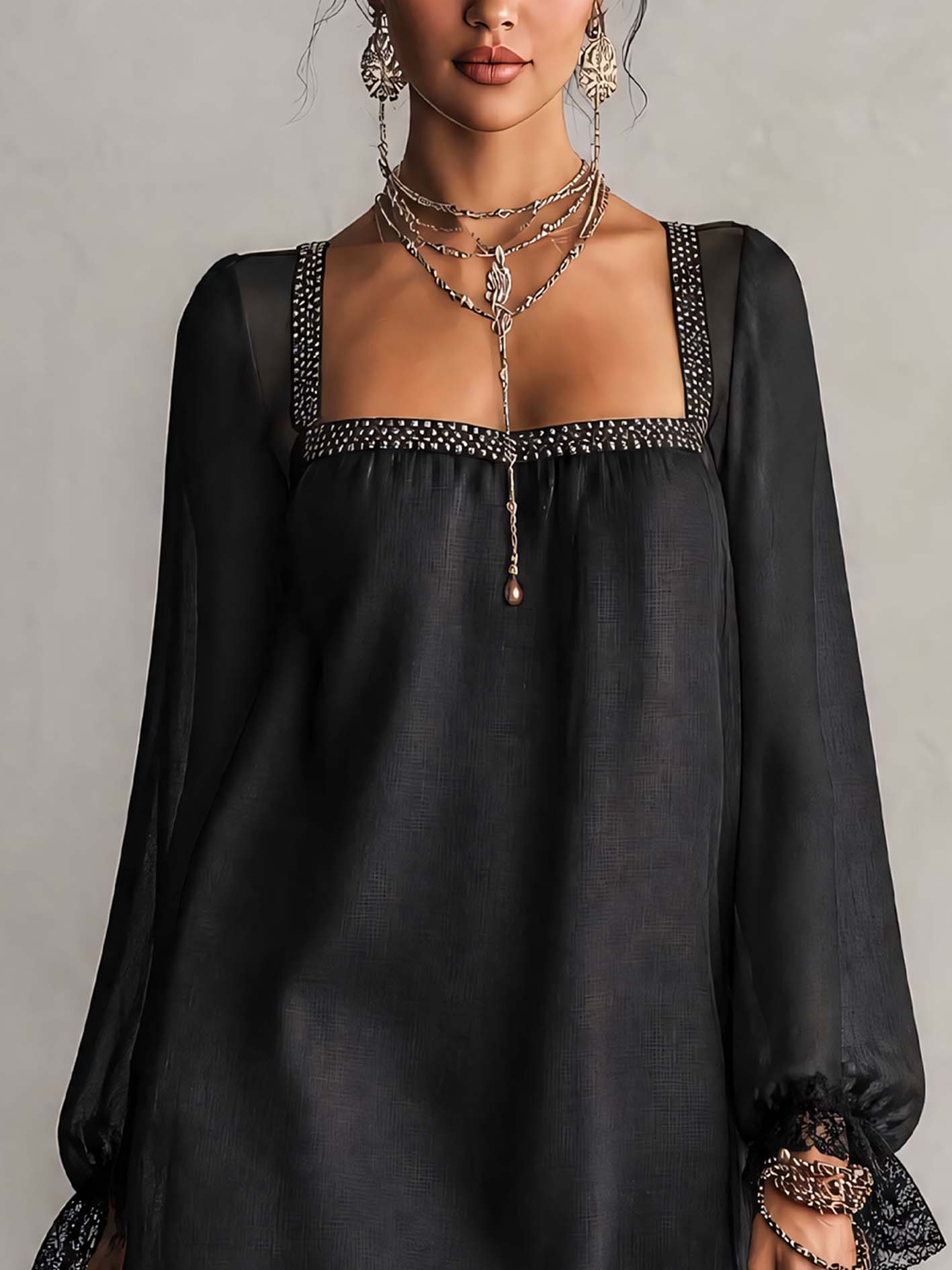 Black Rhinestone Trim Linen Blend Mini Dress With Square Neck