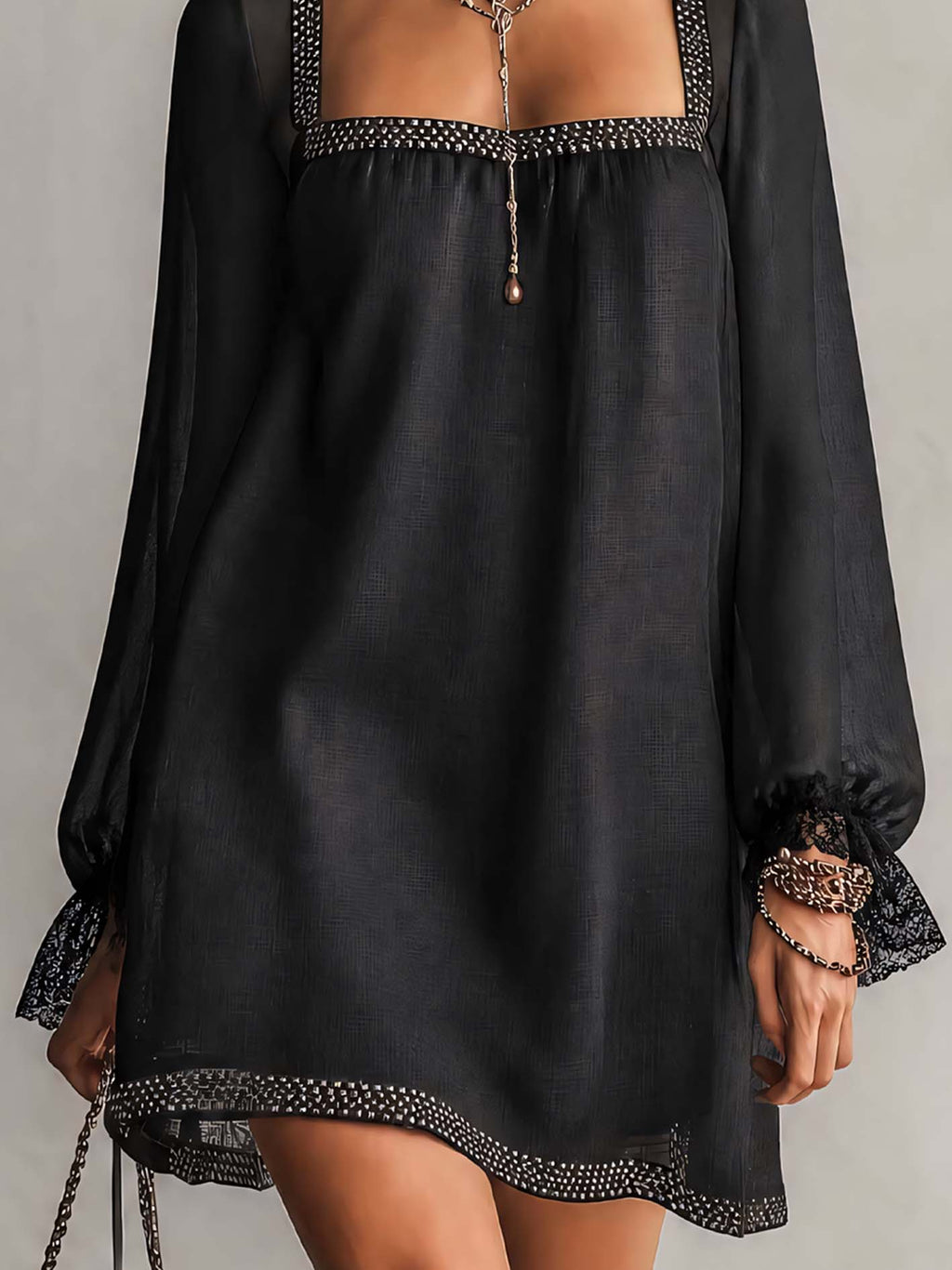 Black Rhinestone Trim Linen Blend Mini Dress With Square Neck