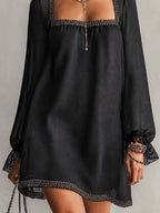 Black Rhinestone Trim Linen Blend Mini Dress With Square Neck