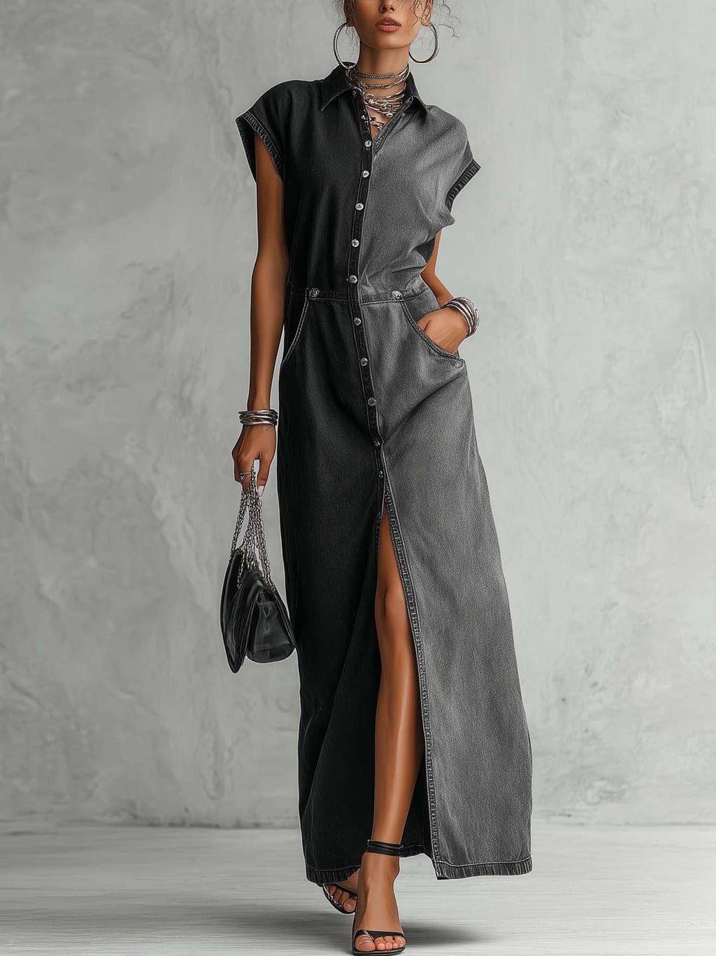 Washed Black Patchwork Denim Maxi Shirt Dress With Button Front Slit