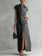 Washed Black Patchwork Denim Maxi Shirt Dress With Button Front Slit