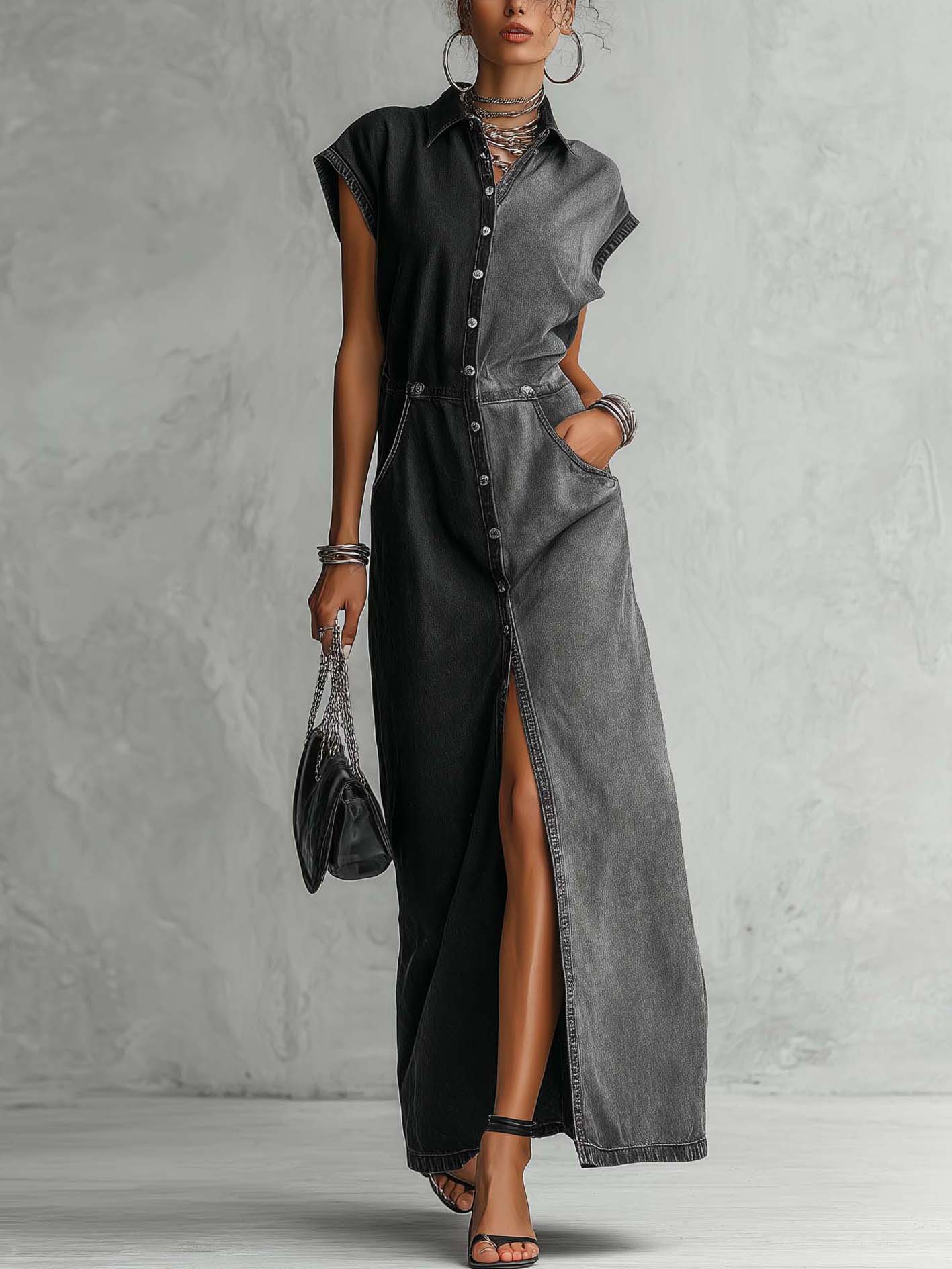Washed Black Patchwork Denim Maxi Shirt Dress With Button Front Slit