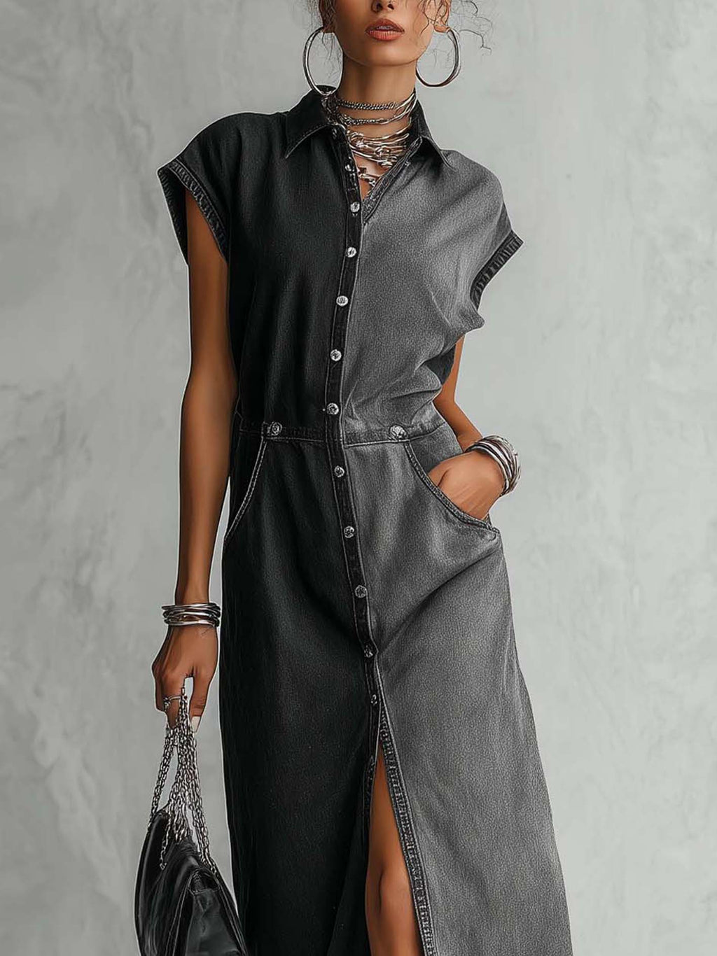 Washed Black Patchwork Denim Maxi Shirt Dress With Button Front Slit