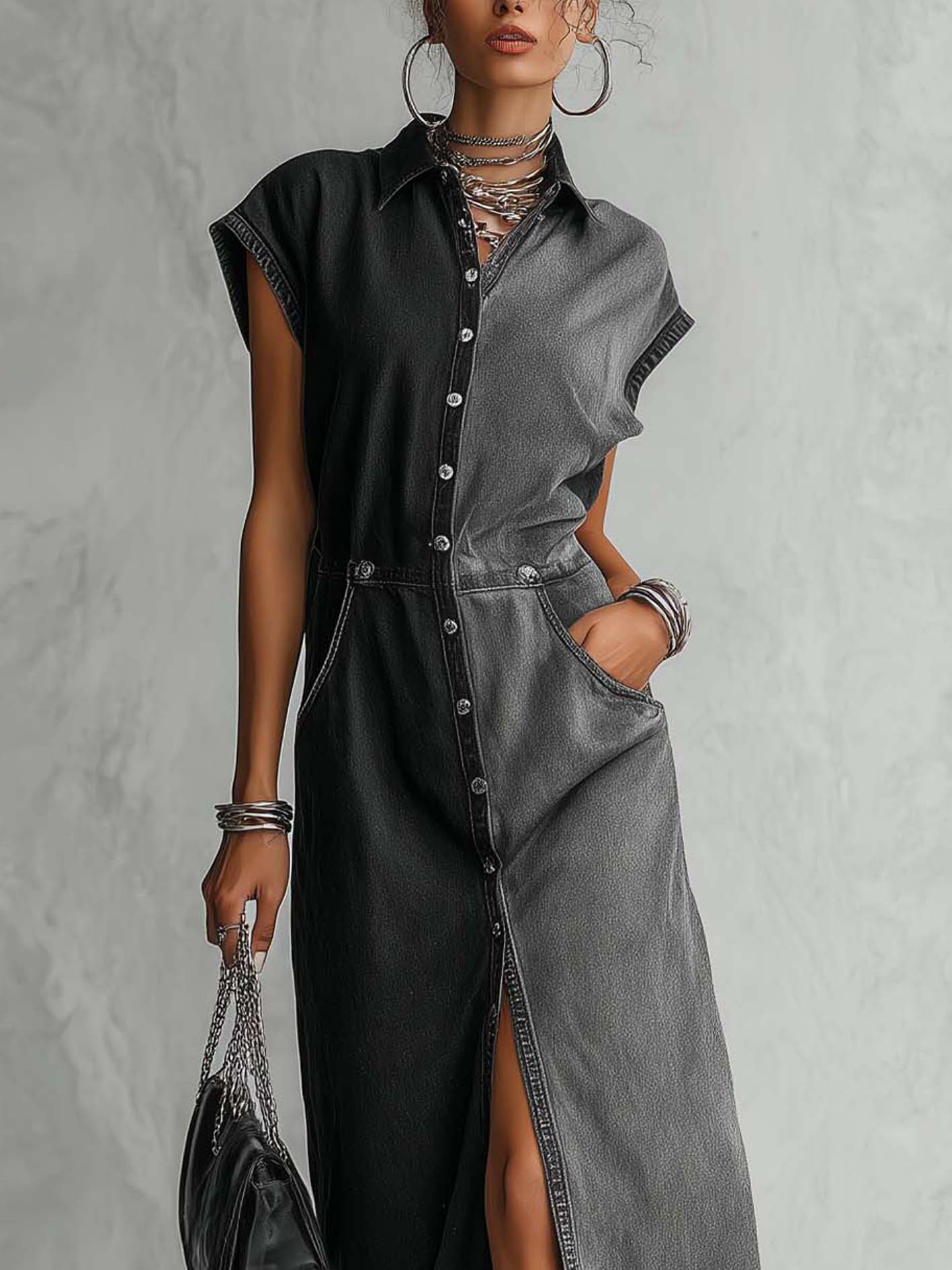 Washed Black Patchwork Denim Maxi Shirt Dress With Button Front Slit