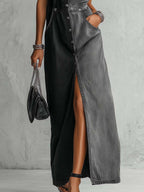 Washed Black Patchwork Denim Maxi Shirt Dress With Button Front Slit
