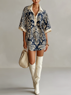 Navy Blue Baroque Print Collared Mini Dress