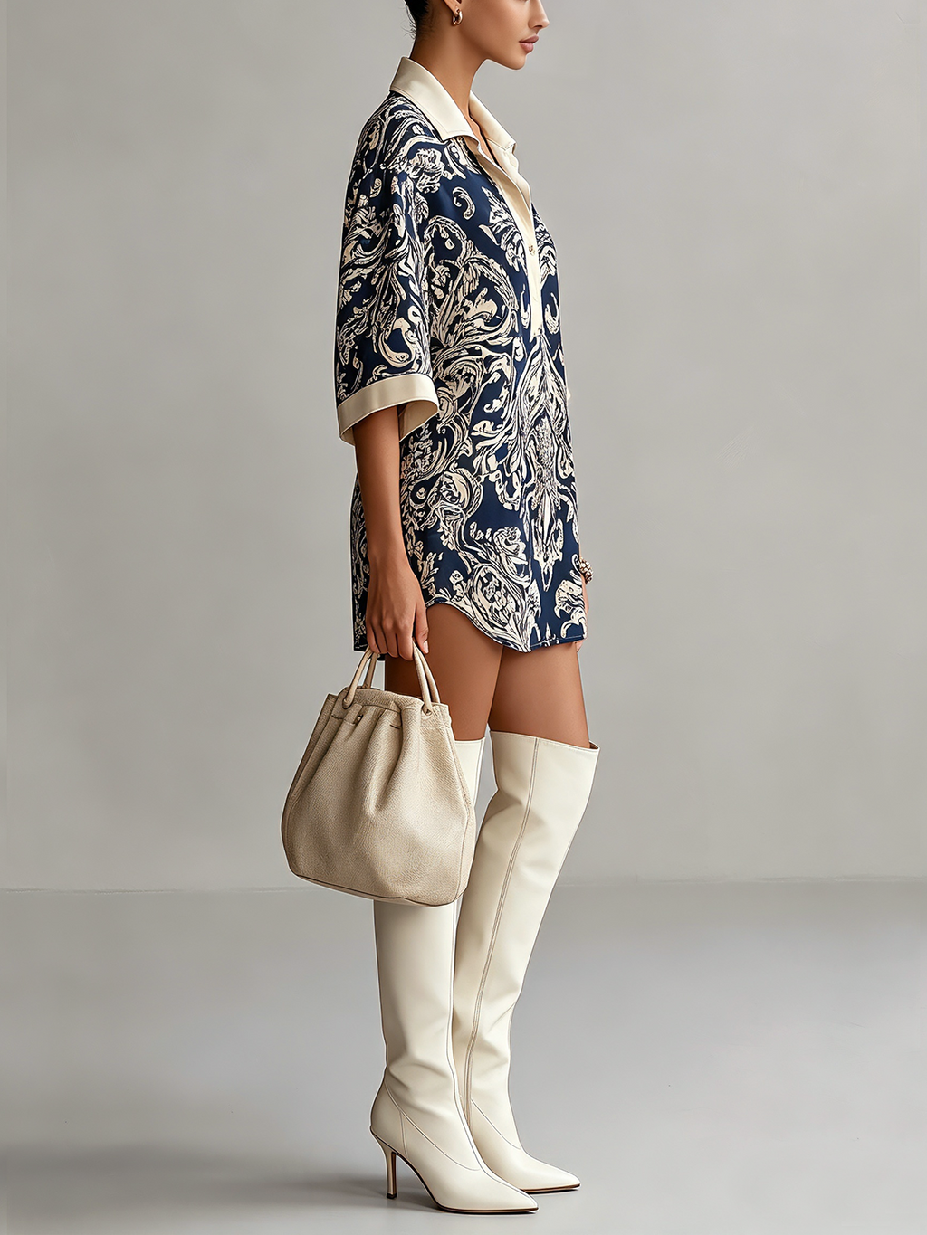 Navy Blue Baroque Print Collared Mini Dress