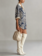 Navy Blue Baroque Print Collared Mini Dress