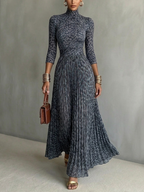 Gray Leopard Print Mock Neck Pleated Maxi Dress