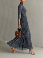 Gray Leopard Print Mock Neck Pleated Maxi Dress