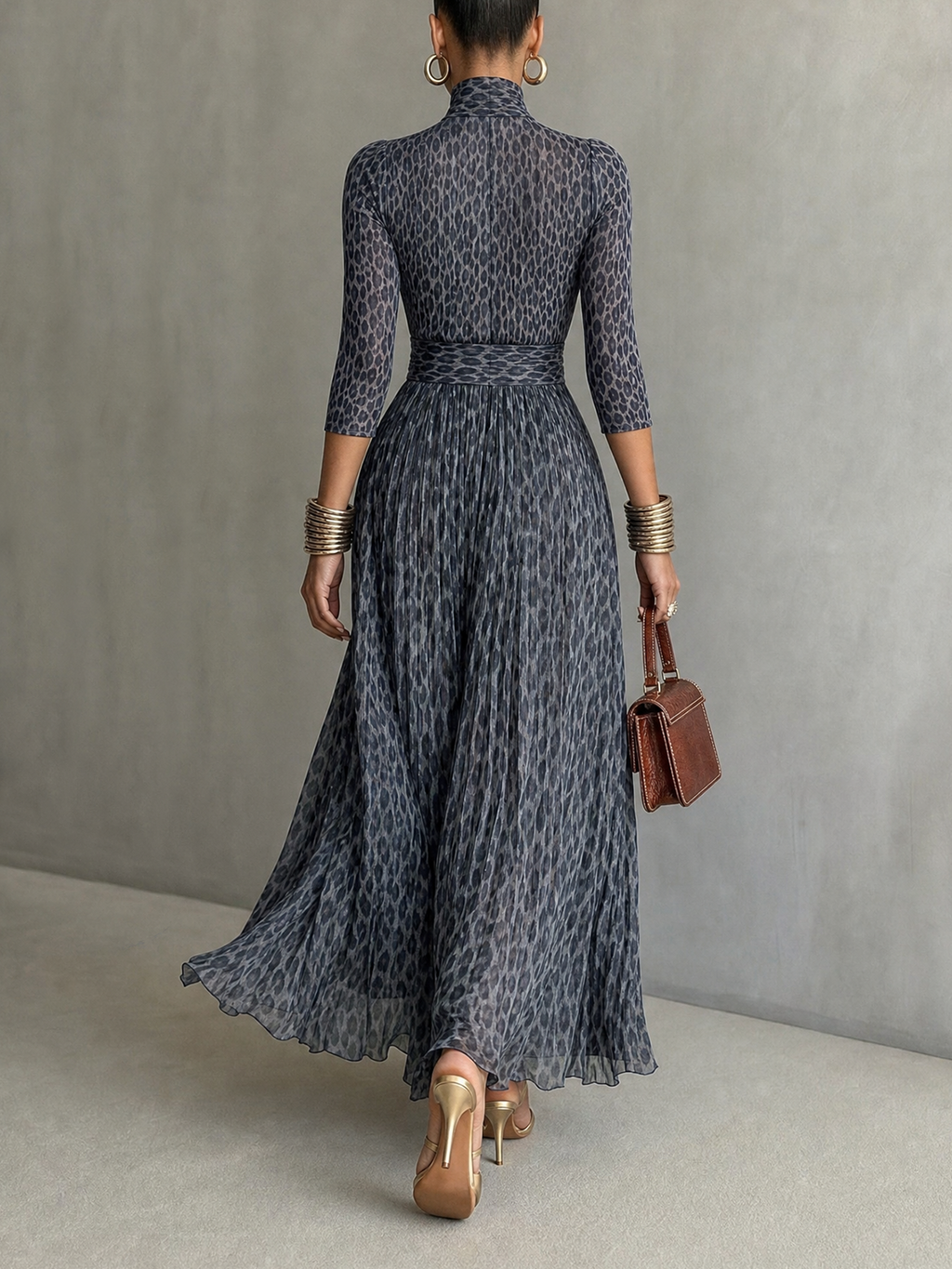 Gray Leopard Print Mock Neck Pleated Maxi Dress