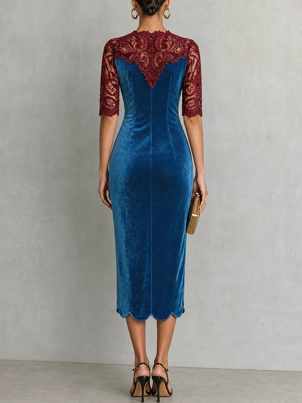 Blue Velvet Lace Panel Midi Dress
