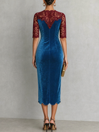 Blue Velvet Lace Panel Midi Dress
