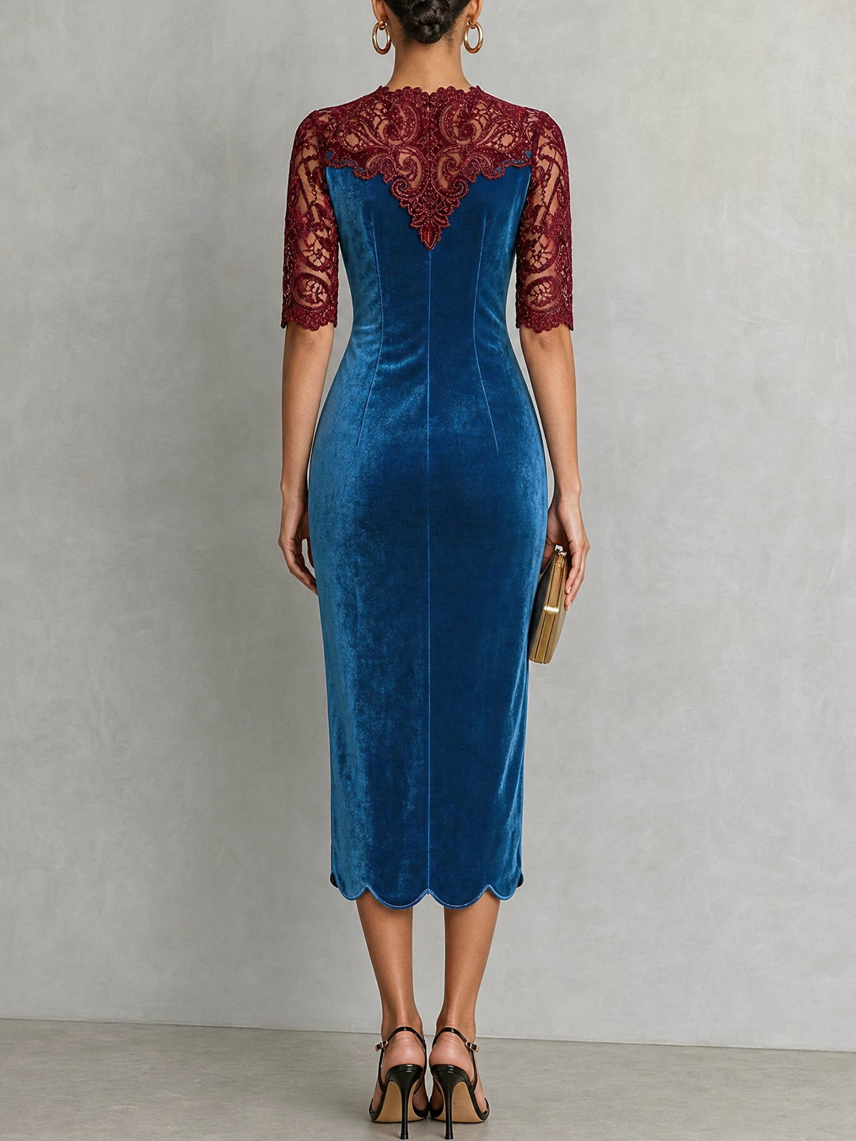 Blue Velvet Lace Panel Midi Dress