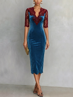 Blue Velvet Lace Panel Midi Dress