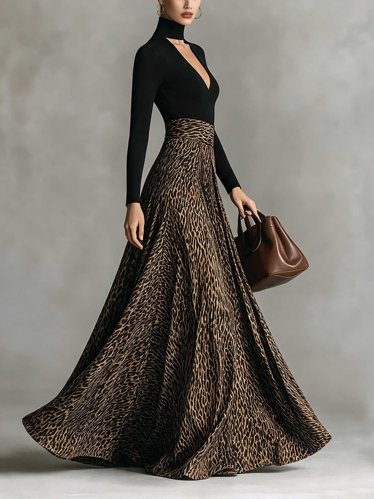 Black Leopard Print Cutout Neck Maxi Dress