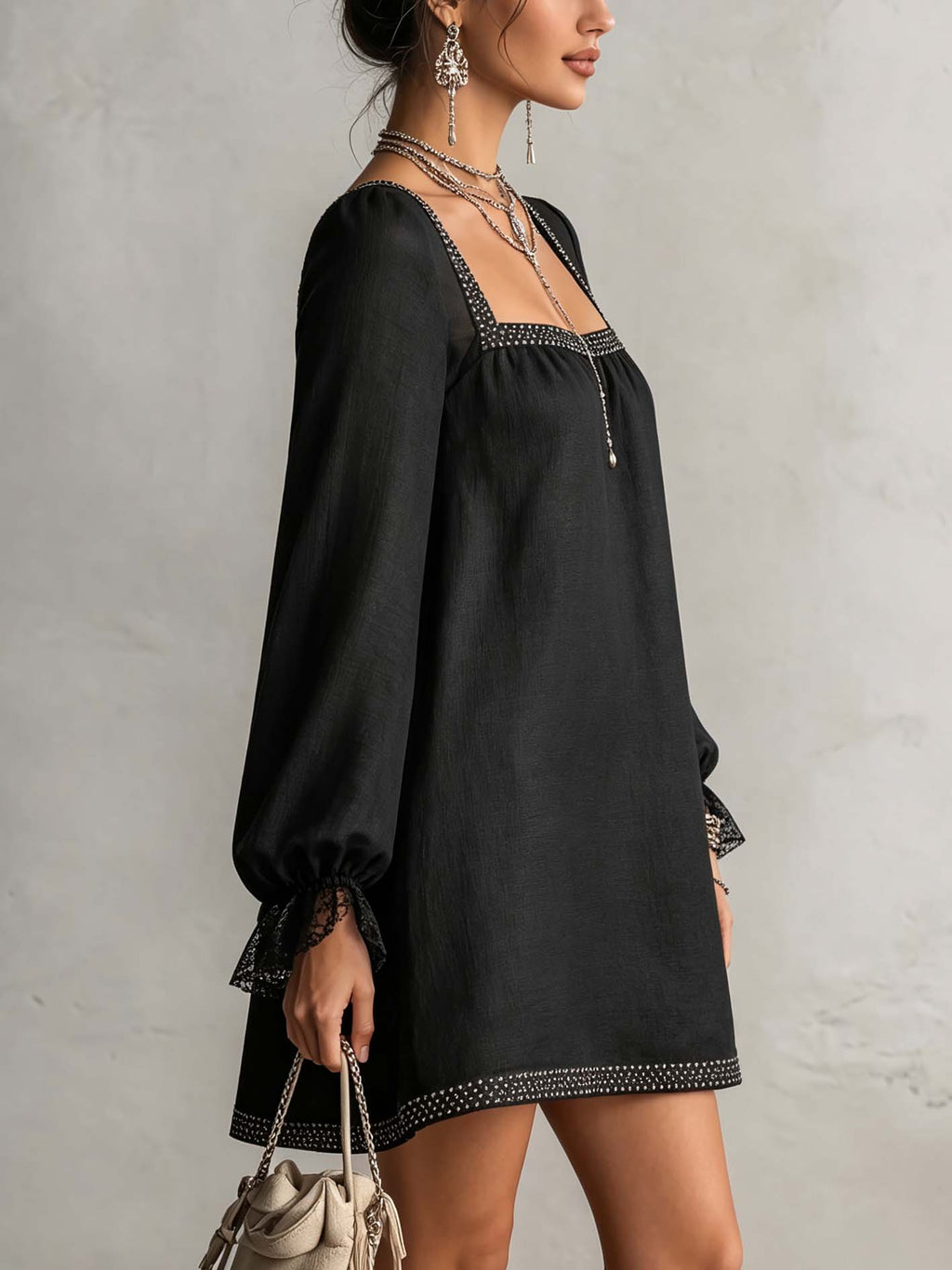 Black Rhinestone Trim Linen Blend Mini Dress With Square Neck