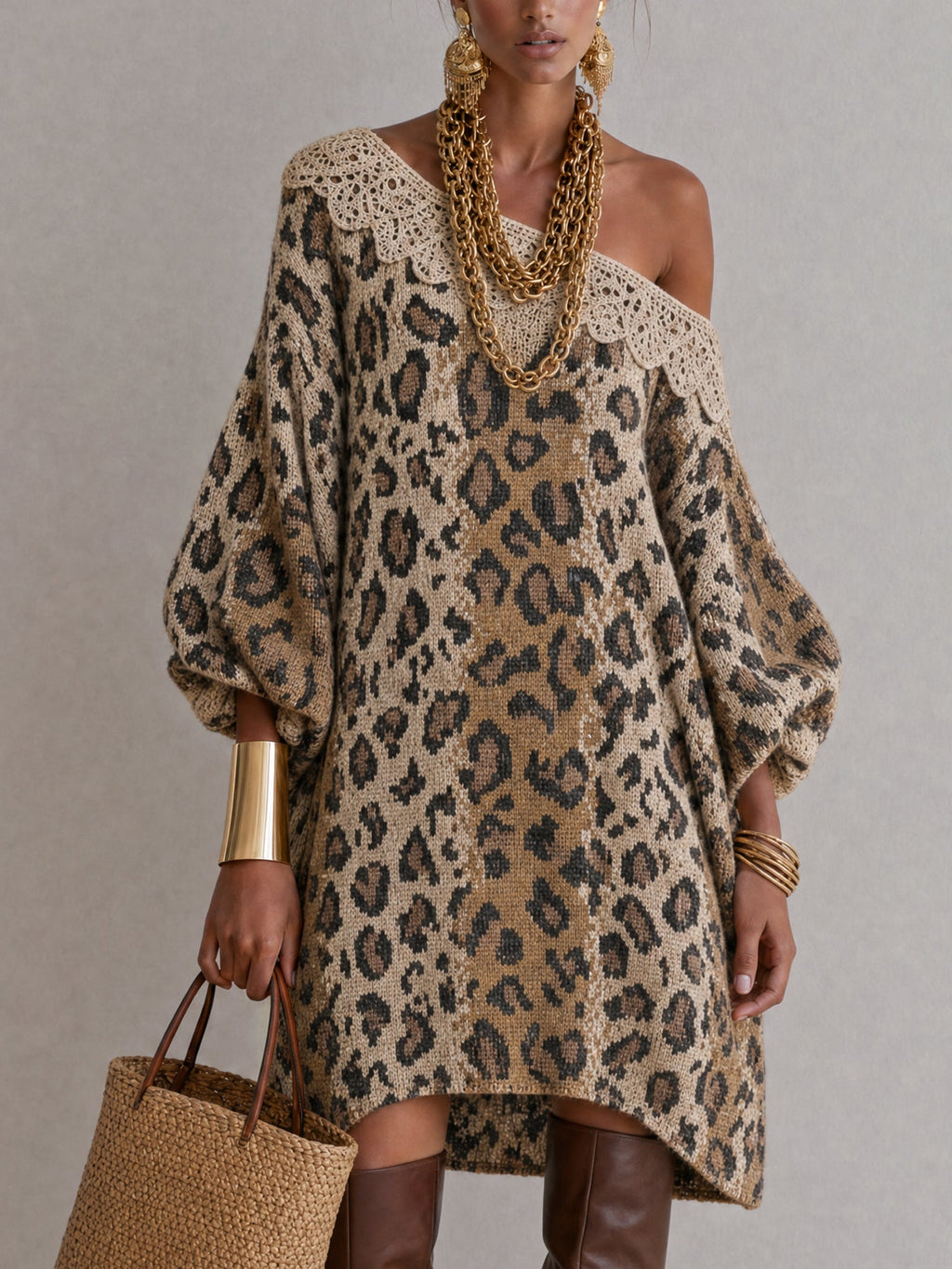 Brown Leopard Print Off Shoulder Knit Mini Dress