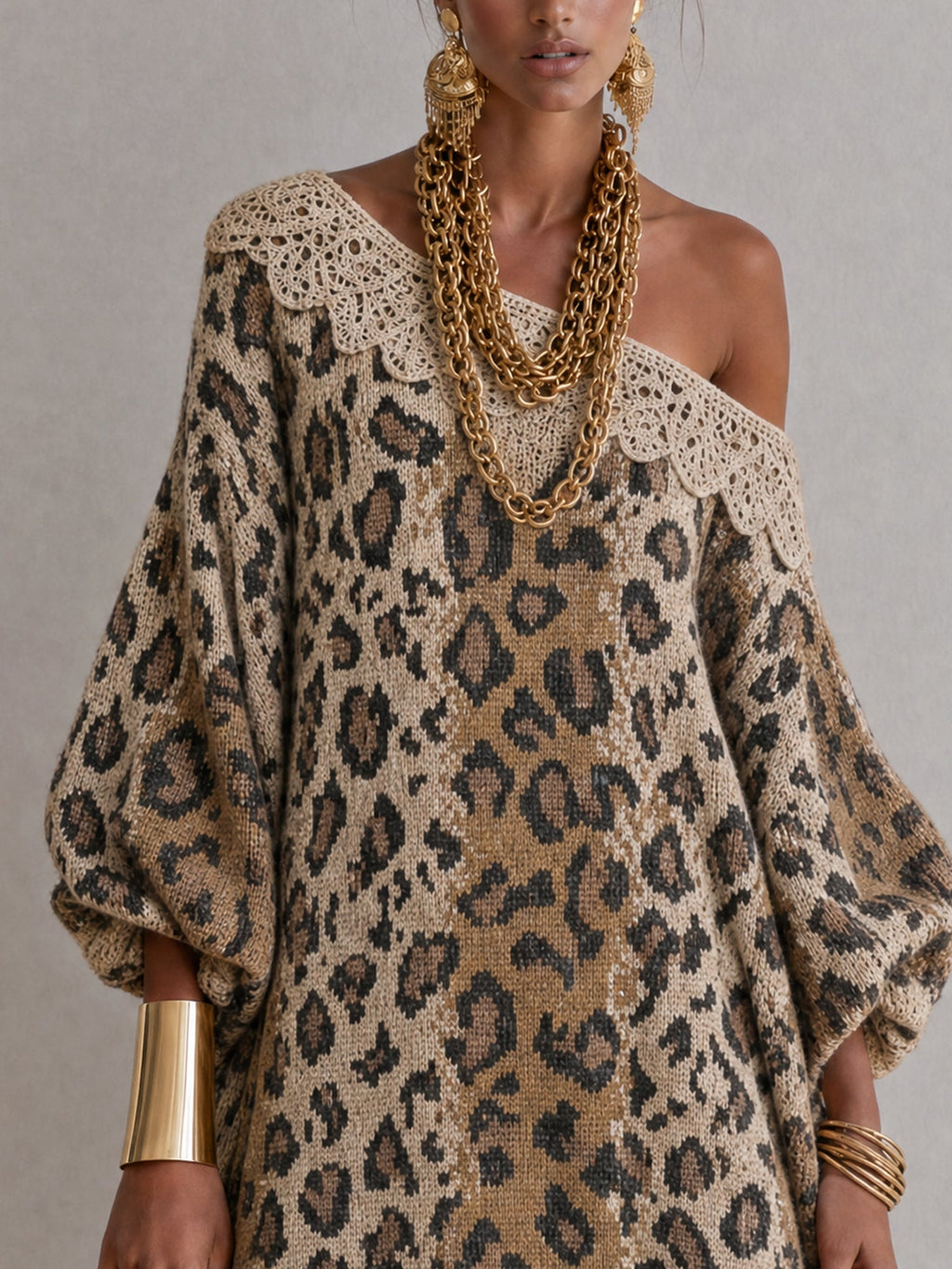 Brown Leopard Print Off Shoulder Knit Mini Dress