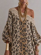 Brown Leopard Print Off Shoulder Knit Mini Dress
