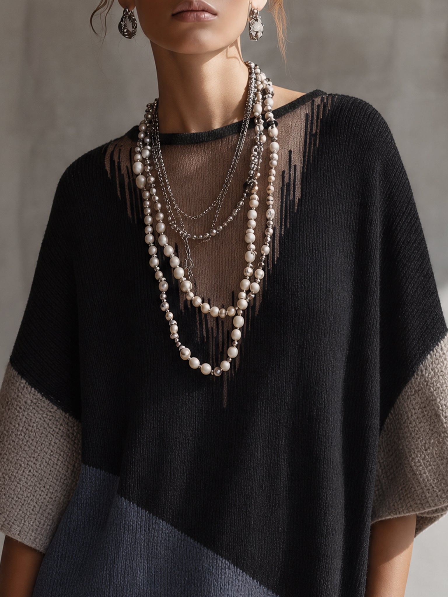Black Color Block Sheer V-Neck Knit Mini Dress