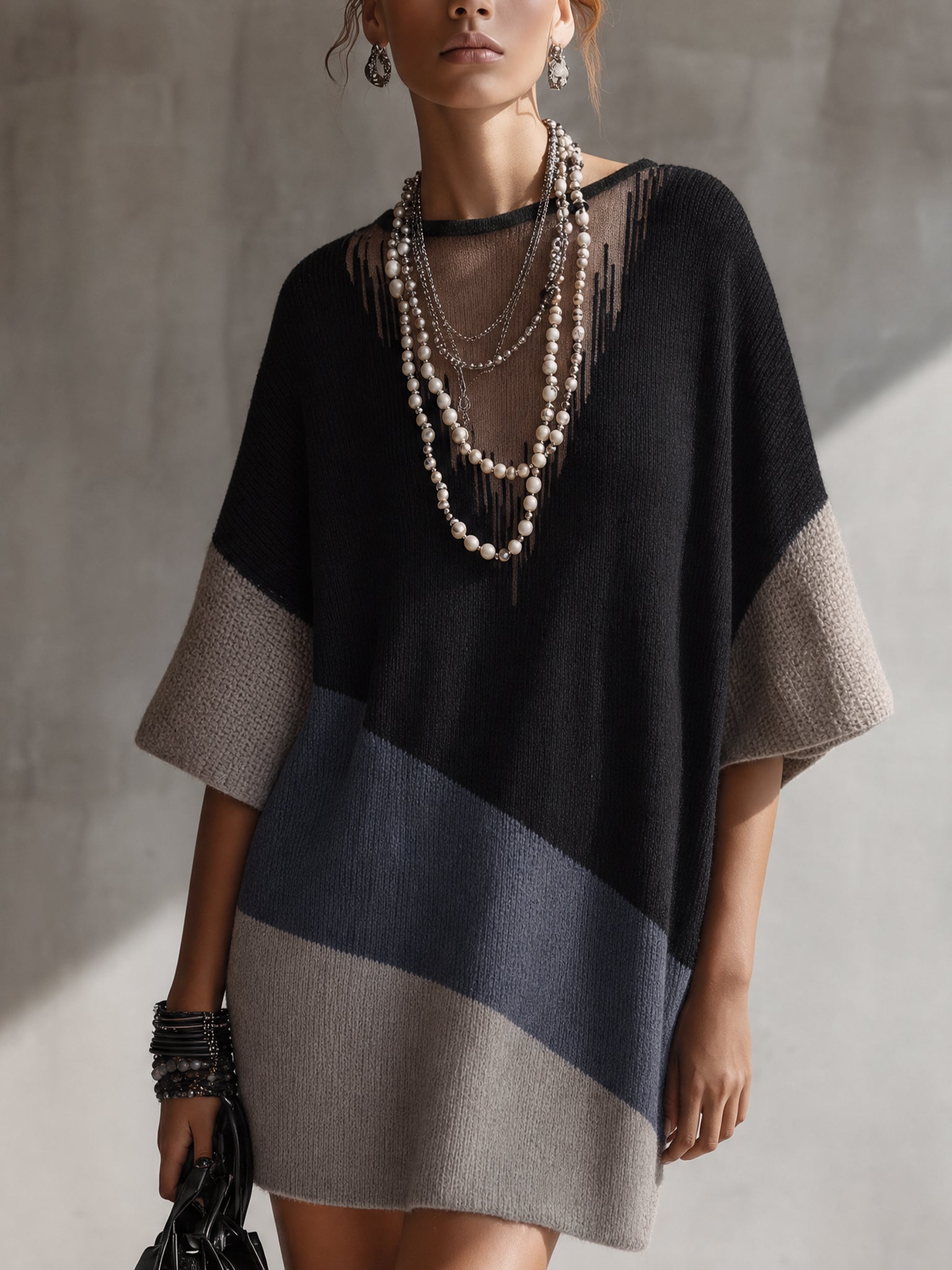 Black Color Block Sheer V-Neck Knit Mini Dress