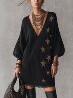 Black Shimmer Star Pattern Knit Mini Dress