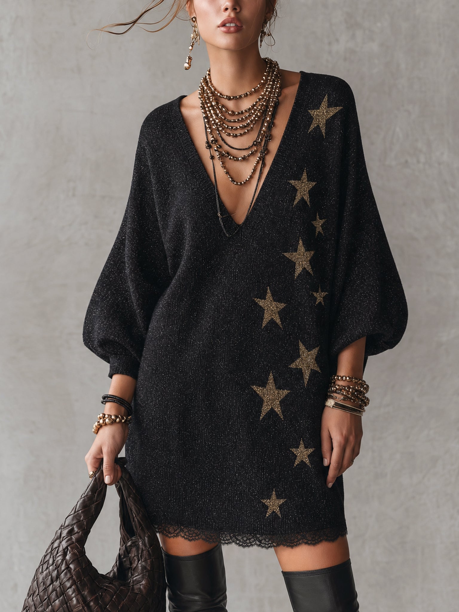 Black Shimmer Star Pattern Knit Mini Dress