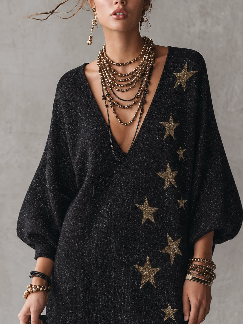 Black Shimmer Star Pattern Knit Mini Dress