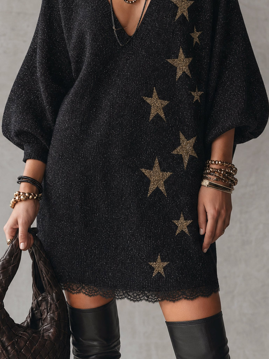 Black Shimmer Star Pattern Knit Mini Dress