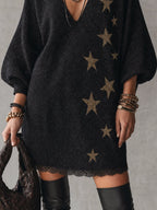 Black Shimmer Star Pattern Knit Mini Dress