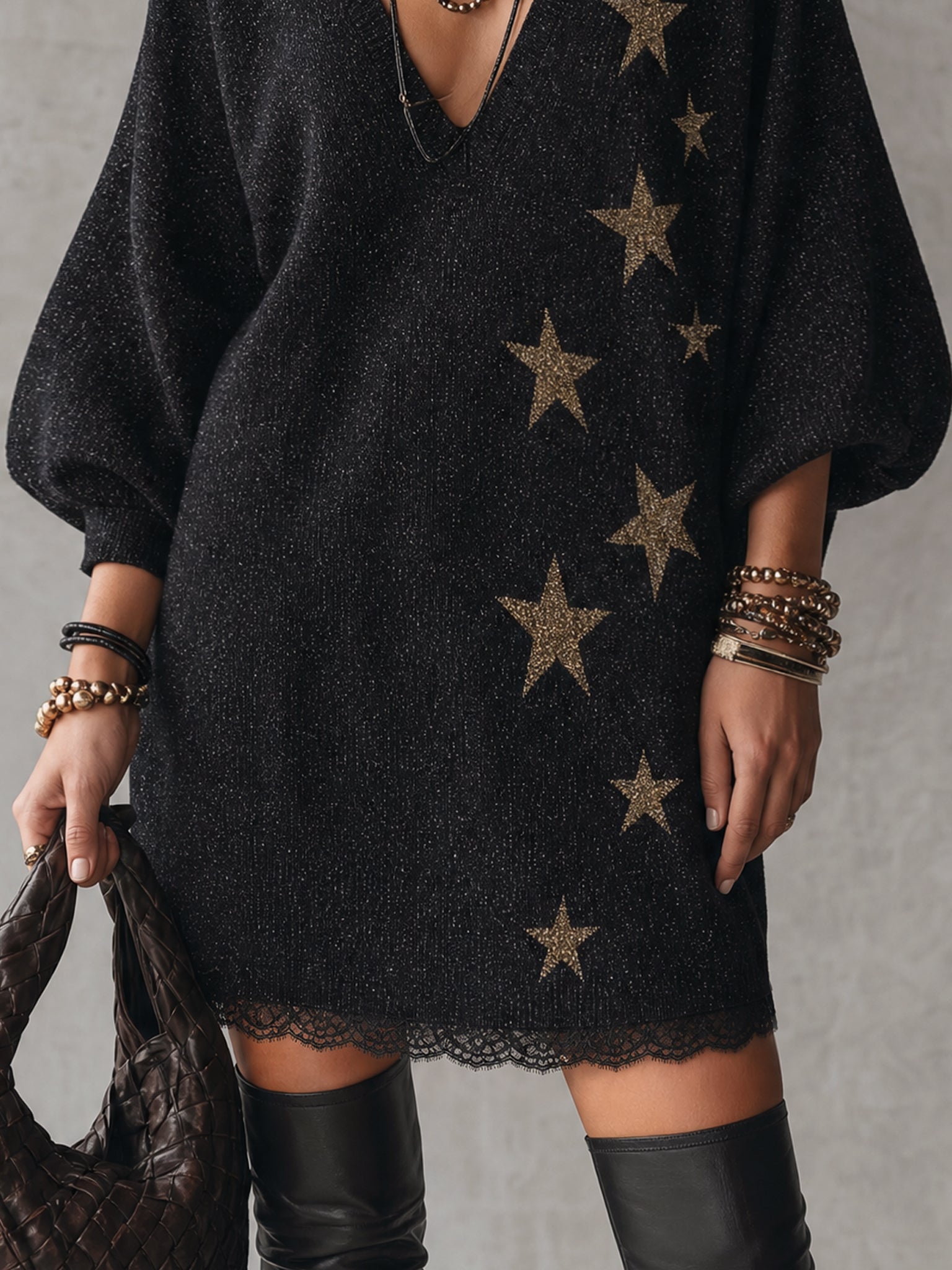 Black Shimmer Star Pattern Knit Mini Dress