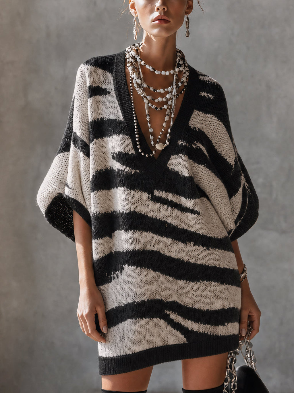Black And White Zebra Pattern Knit Mini Dress